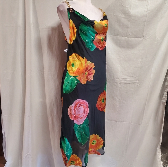 Boston Proper black floral Burnout Chain Strap Cowl-Neck sheer party Dress L NWT - Picture 3 of 12